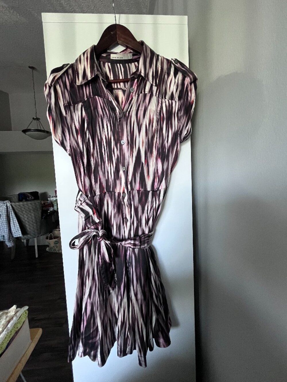 Karen Millen Silk Blend Abstract Ikat Shirt Dress Tie Waist US 10 UK 14